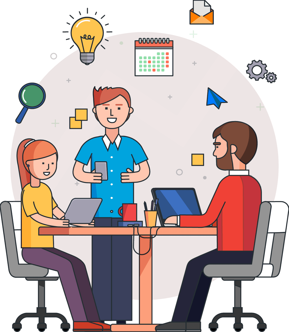 Un equipo de capacitación corporativa reunido alrededor de una mesa.
