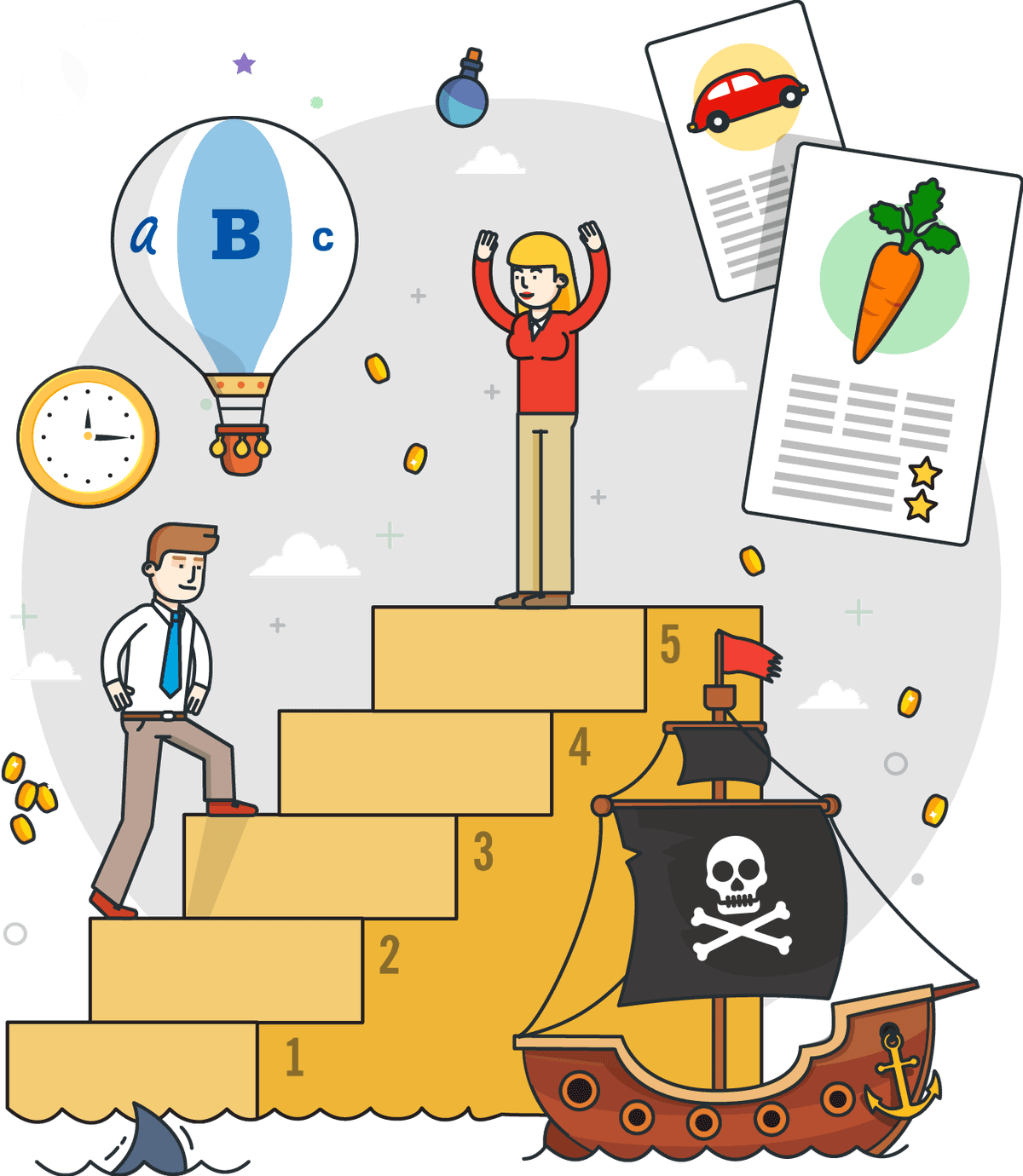 Un juego de aprendizaje: una persona sube escalones numerados, un globo con letras y un barco pirata.