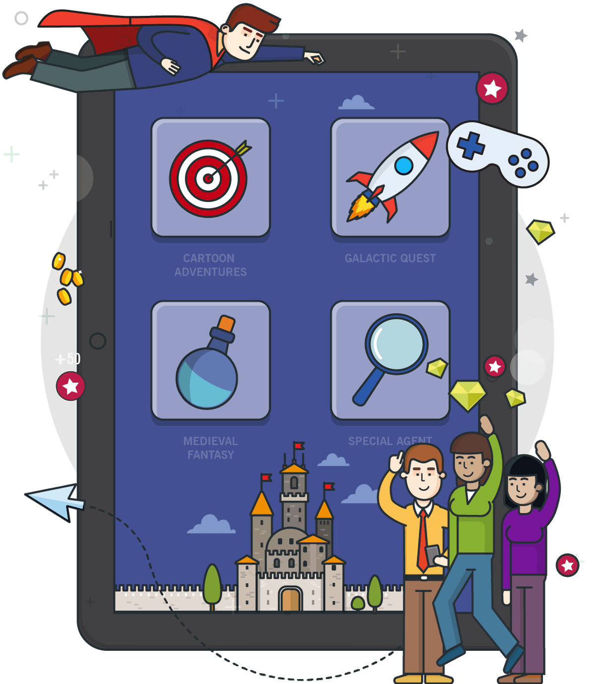 Una tablet con cuatro minijuegos —aventuras, misión galáctica, fantasía medieval y agente especial— y un equipo que celebra.