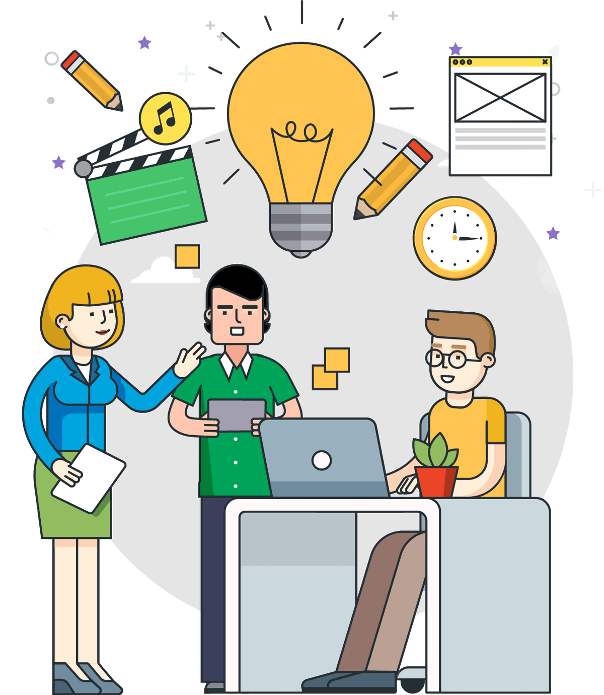 Un equipo diseña un curso junto a una lámpara, una claqueta y el boceto de una pantalla.