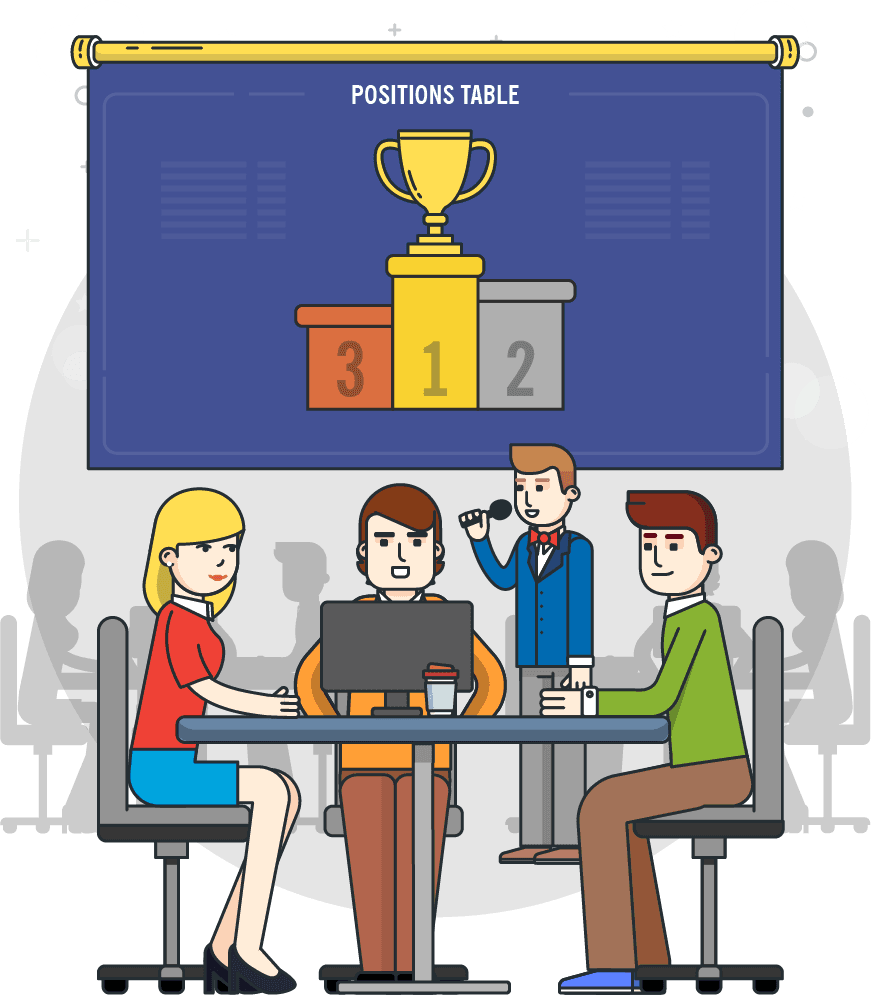 Un equipo en una mesa de reunión frente a un tablero de posiciones con un podio y un trofeo.