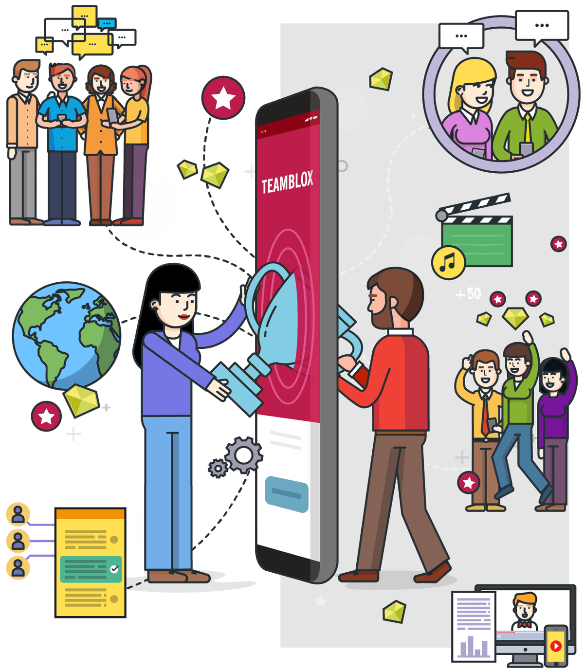 Dos personas colocan un trofeo frente a un teléfono con la aplicación Teamblox, rodeadas de equipos conectados.