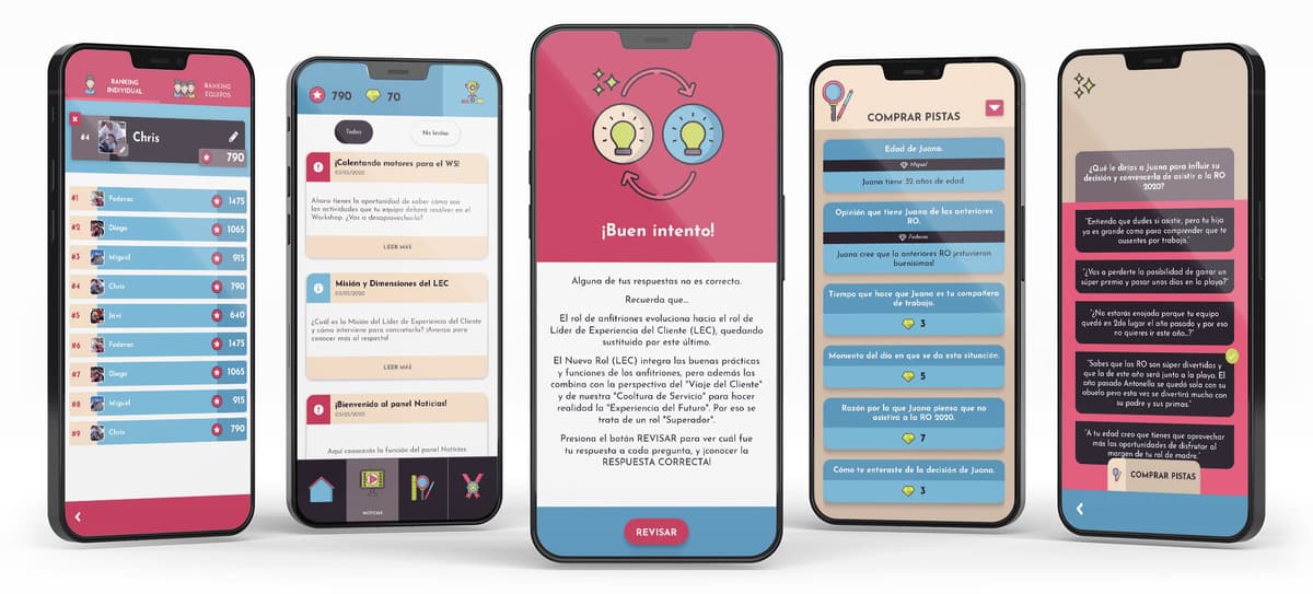 Cinco teléfonos con Teamblox Learn: rankings, misiones, el resultado de un cuestionario, un ejercicio de decisión y un chat